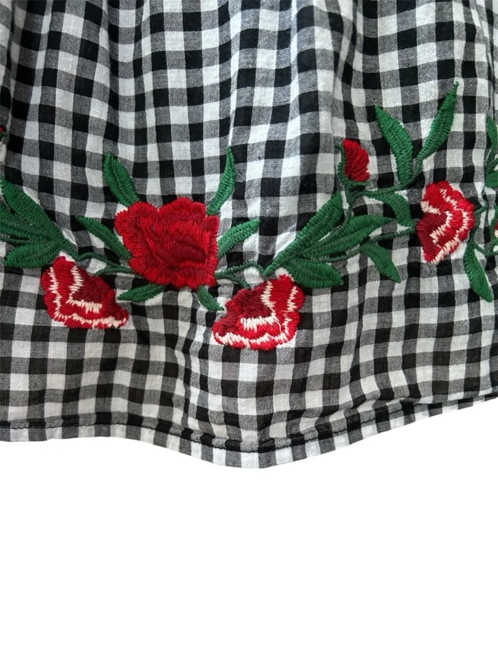 Miss Lili Boho Black White Gingham Off Shoulder Embroidered Peasant Blouse Sz L - Picture 3 of 9